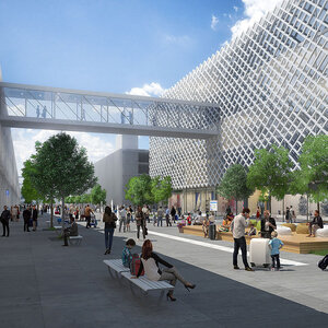 Visualization of the perspective state of the central public space of the plaza in the area of ​​the existing street. Photo: Prague Airport