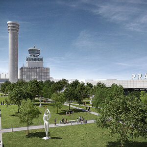 Visualization of the perspective state of public space in front of Terminal 1 according to the concept of Airport City Václav Havel Airport Prague, Photo: Prague Airport